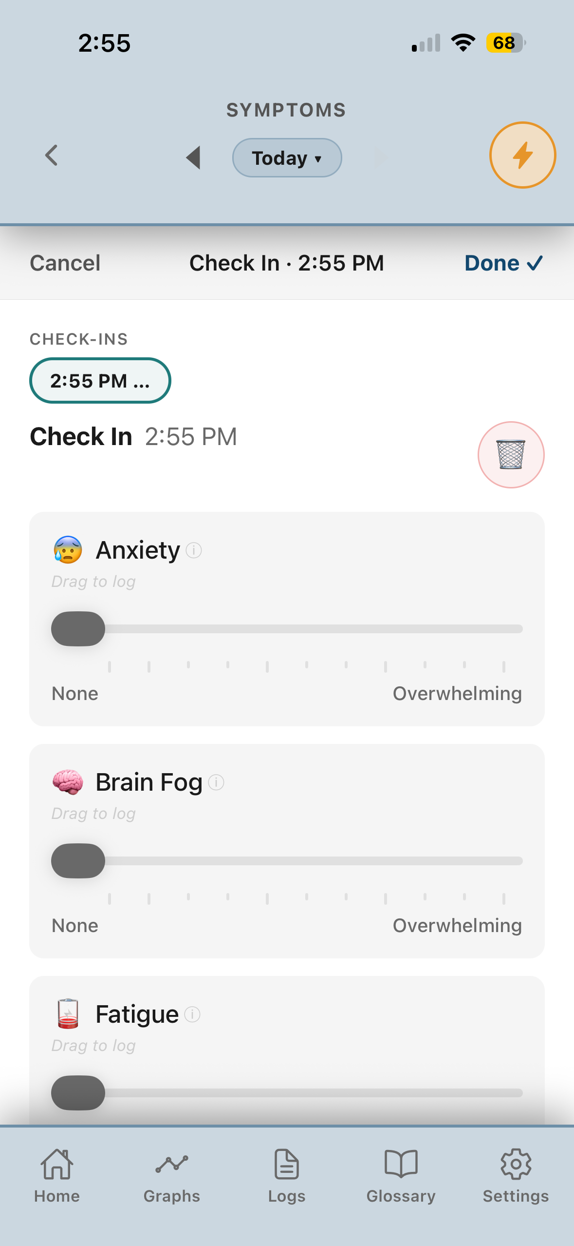Symptom check-in screen with drag-to-log severity sliders.