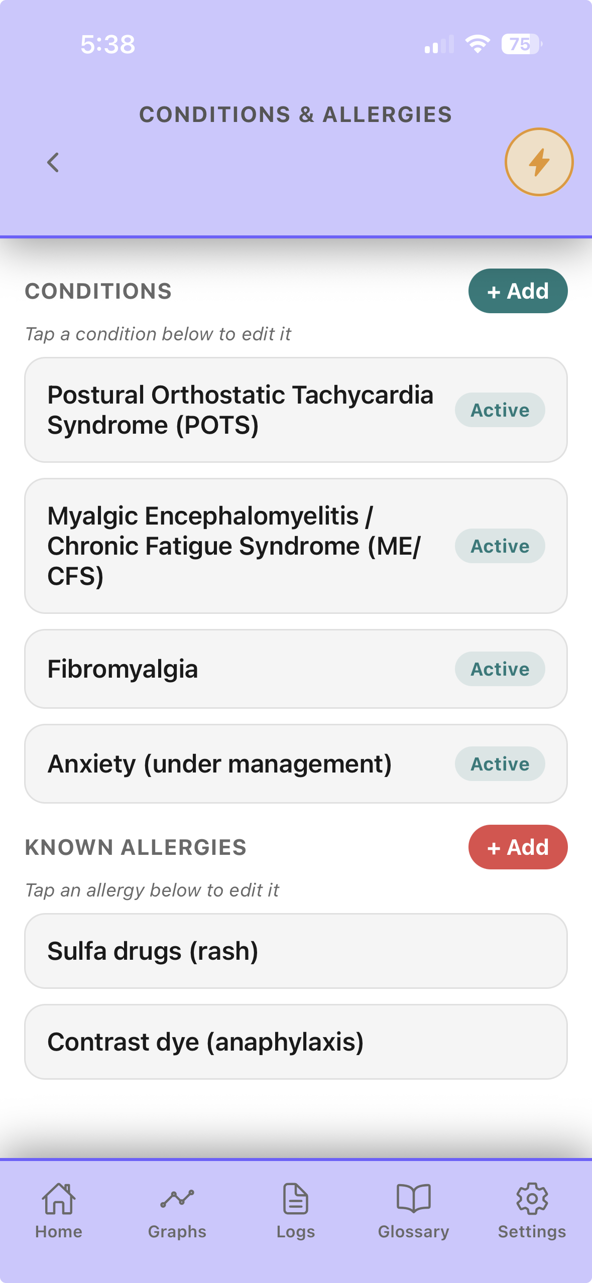 Conditions and Allergies screen listing active conditions and known allergies.