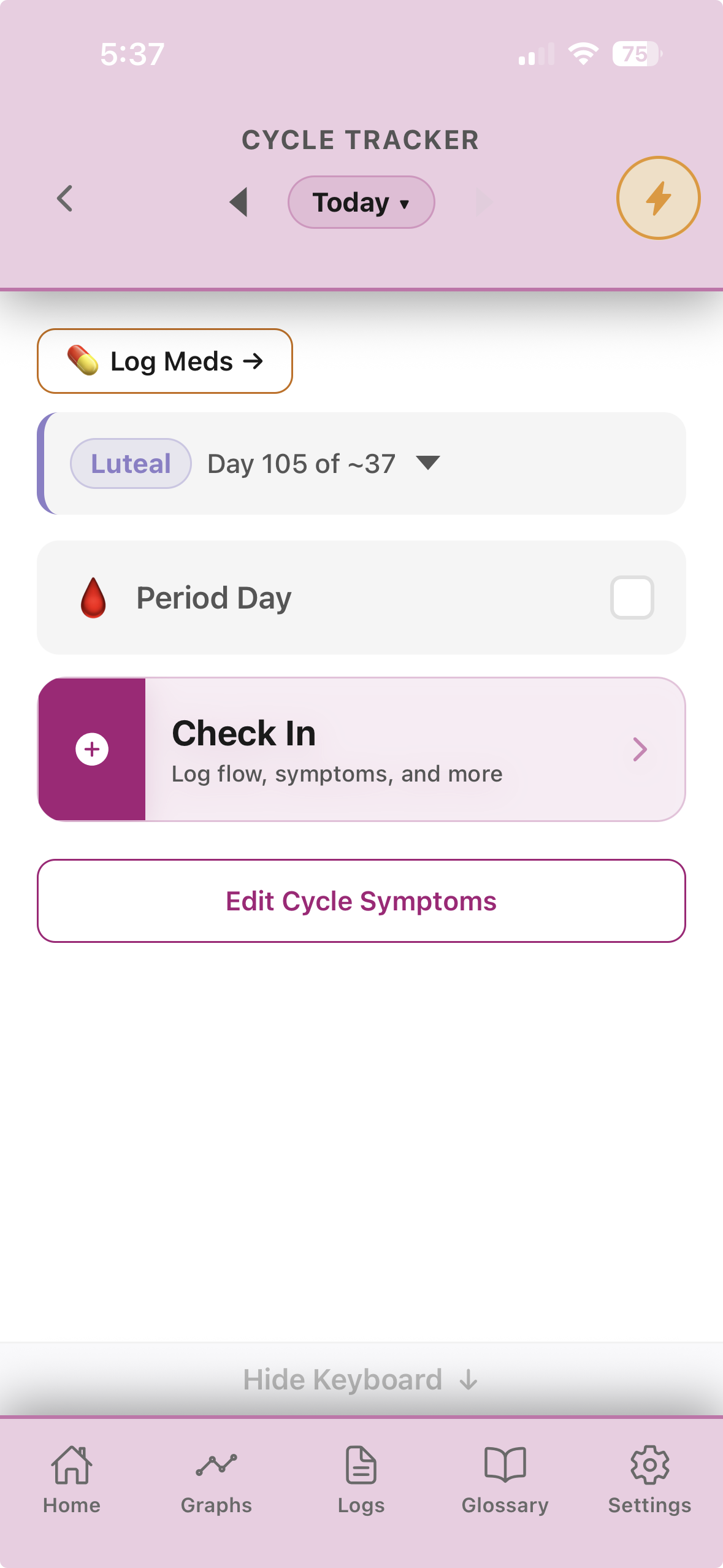 Cycle Tracker screen showing cycle phase, day count, and a check-in for flow and symptoms.