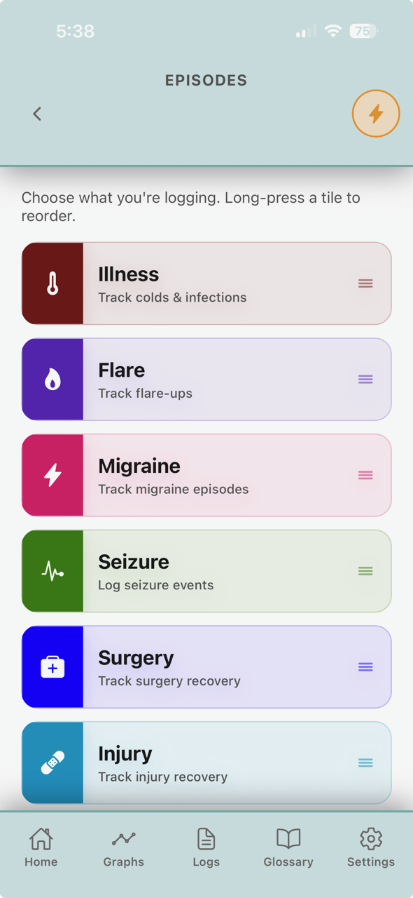 Episode Module tile list — Illness, Flare, Migraine, Seizure, Surgery, Injury.