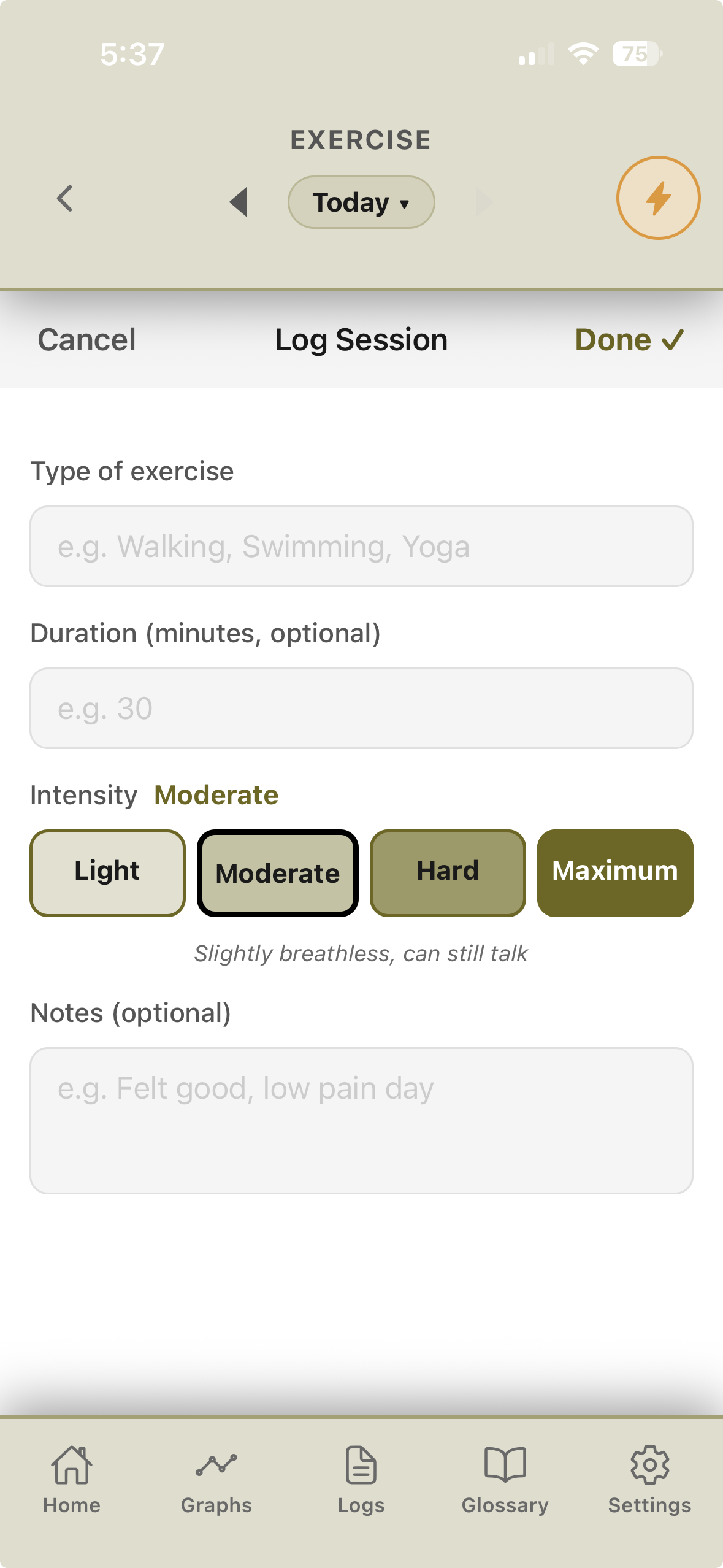 Exercise log form with type, duration, and an intensity scale from Light to Maximum.