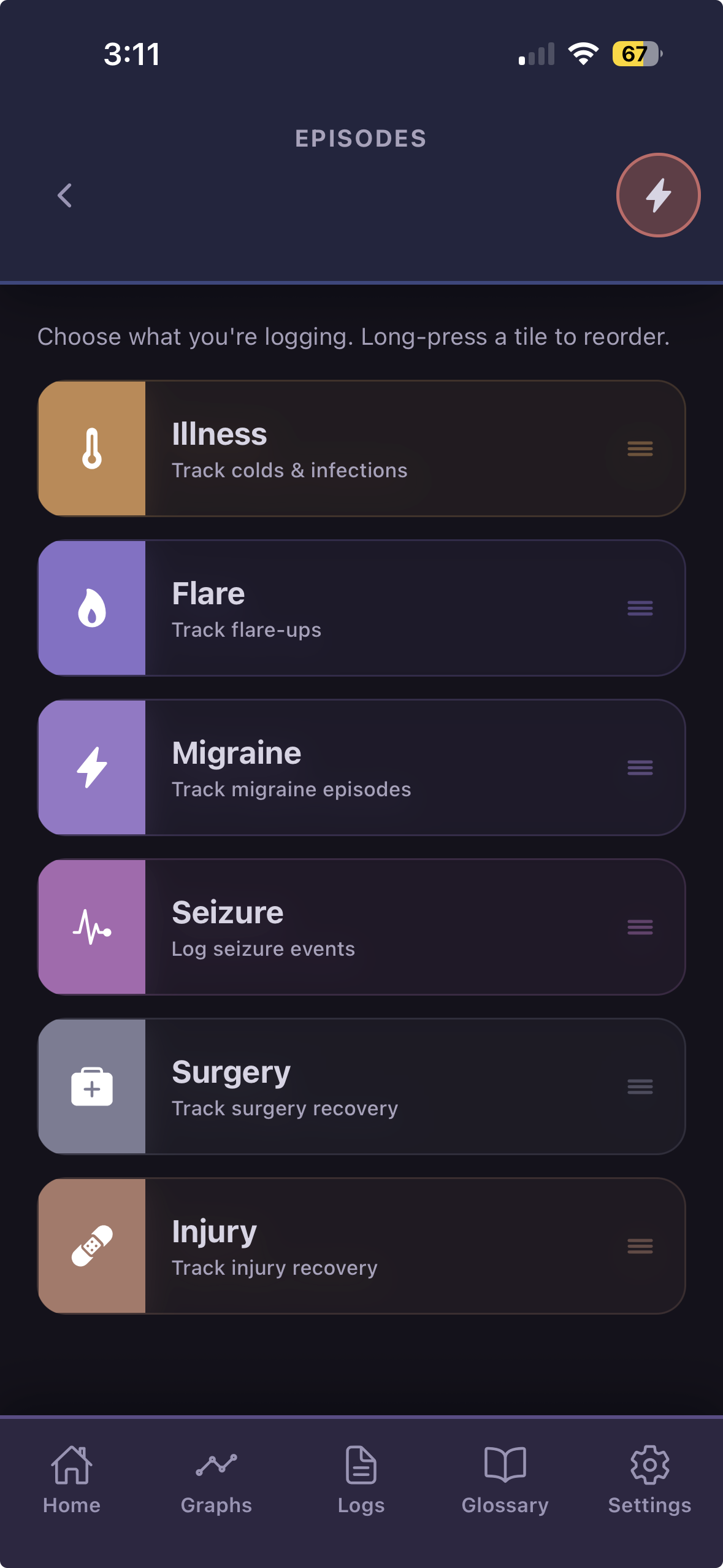 The same Episode Module screen, automatically switched to a dark, low-stimulation flare theme.