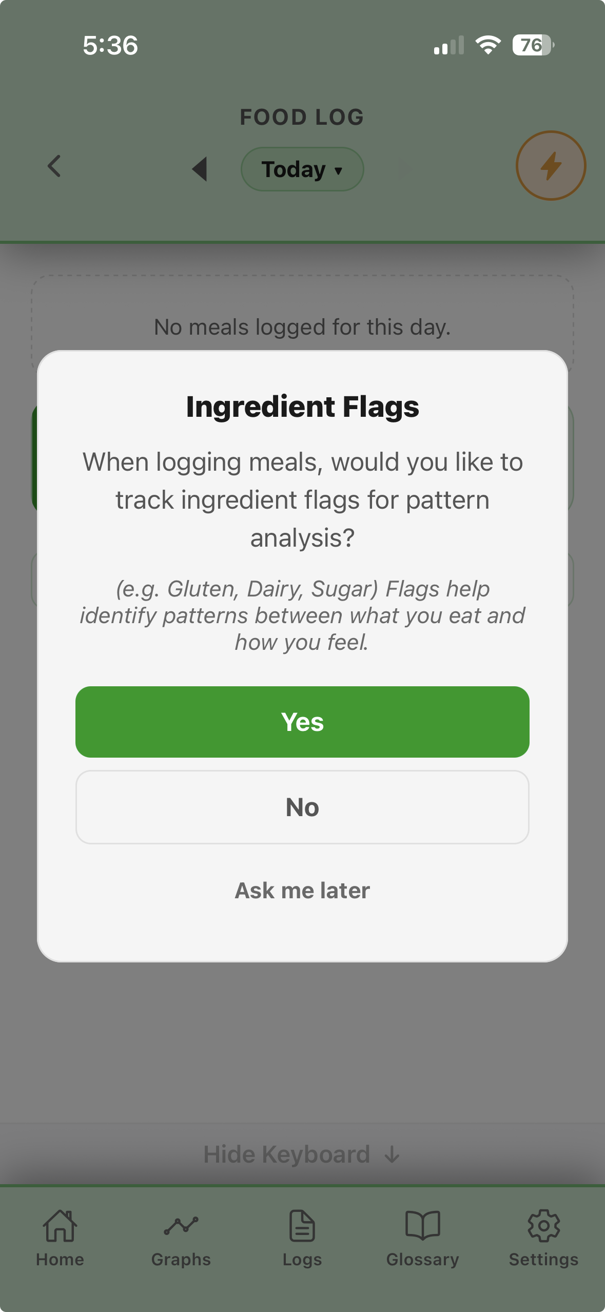 Ingredient Flags prompt offering to track flags like gluten, dairy, and sugar.