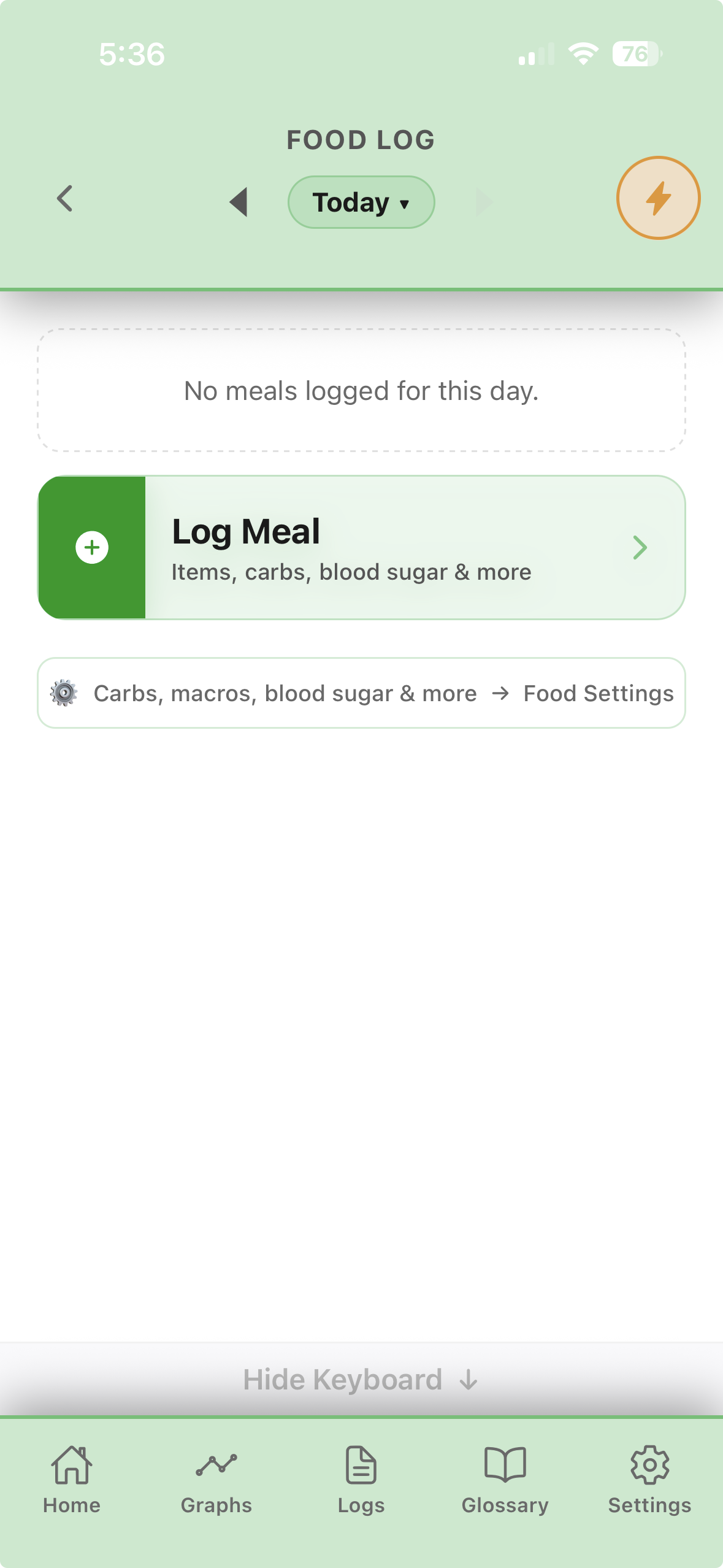 Food Log screen with a Log Meal action.