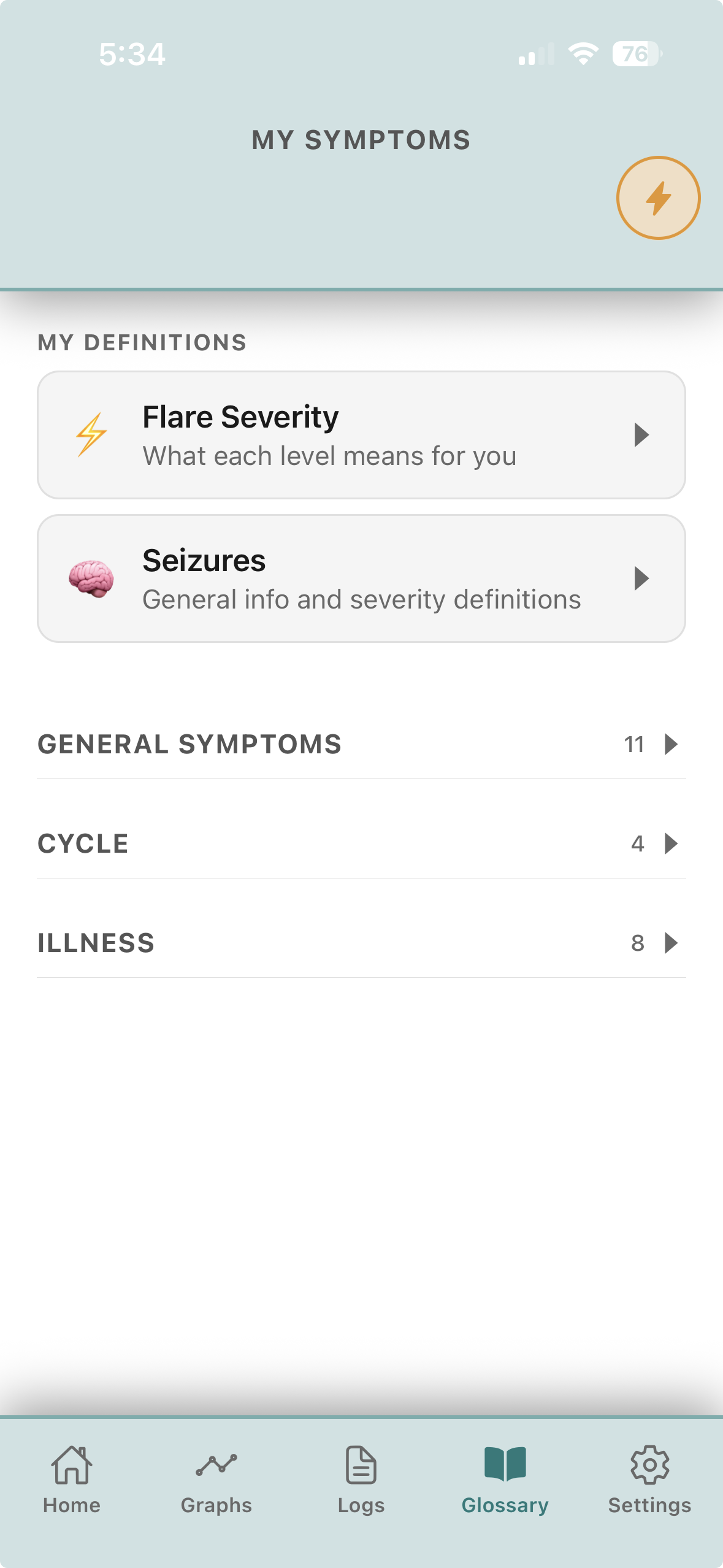 Glossary screen with a symptom list and definitions for flare severity and seizures.