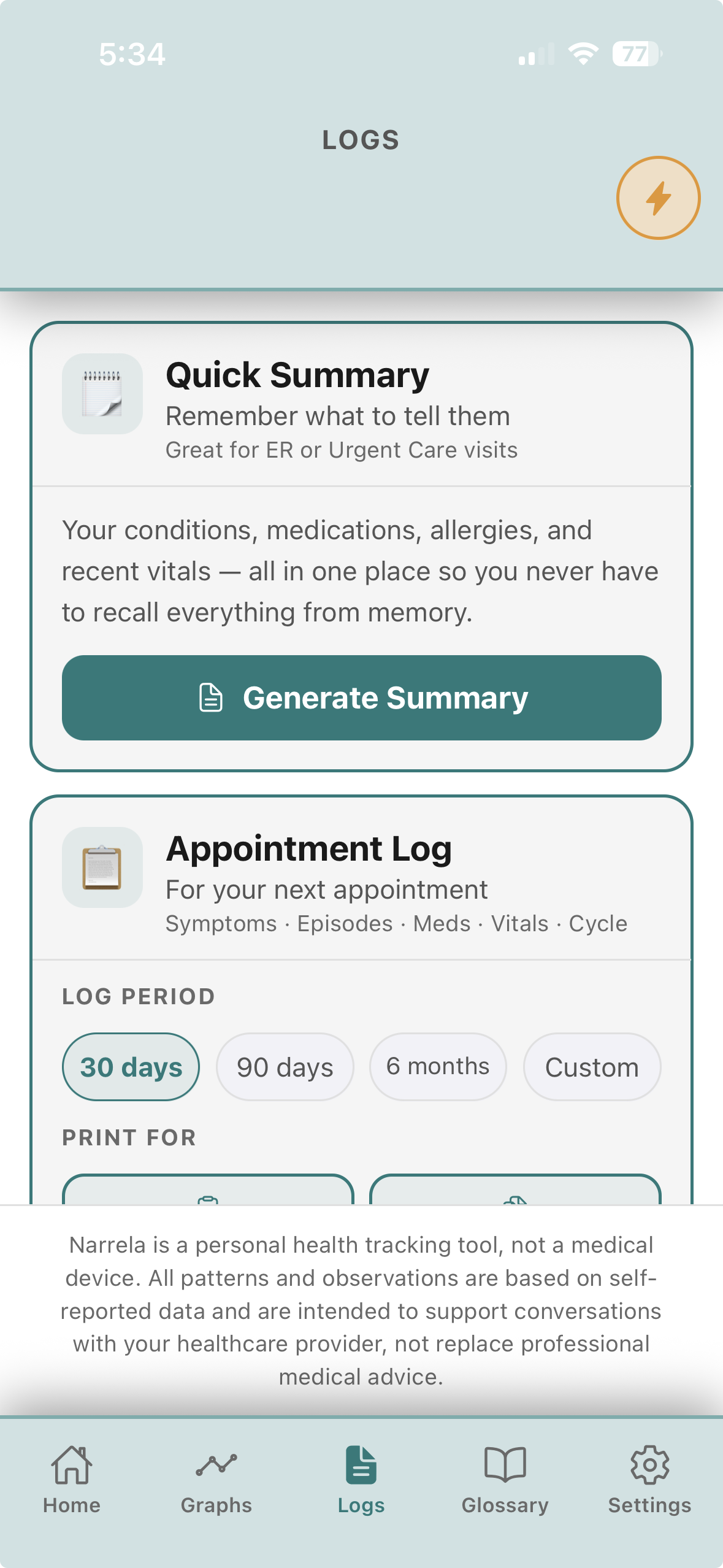 Logs tab with Quick Summary and Appointment Log cards.