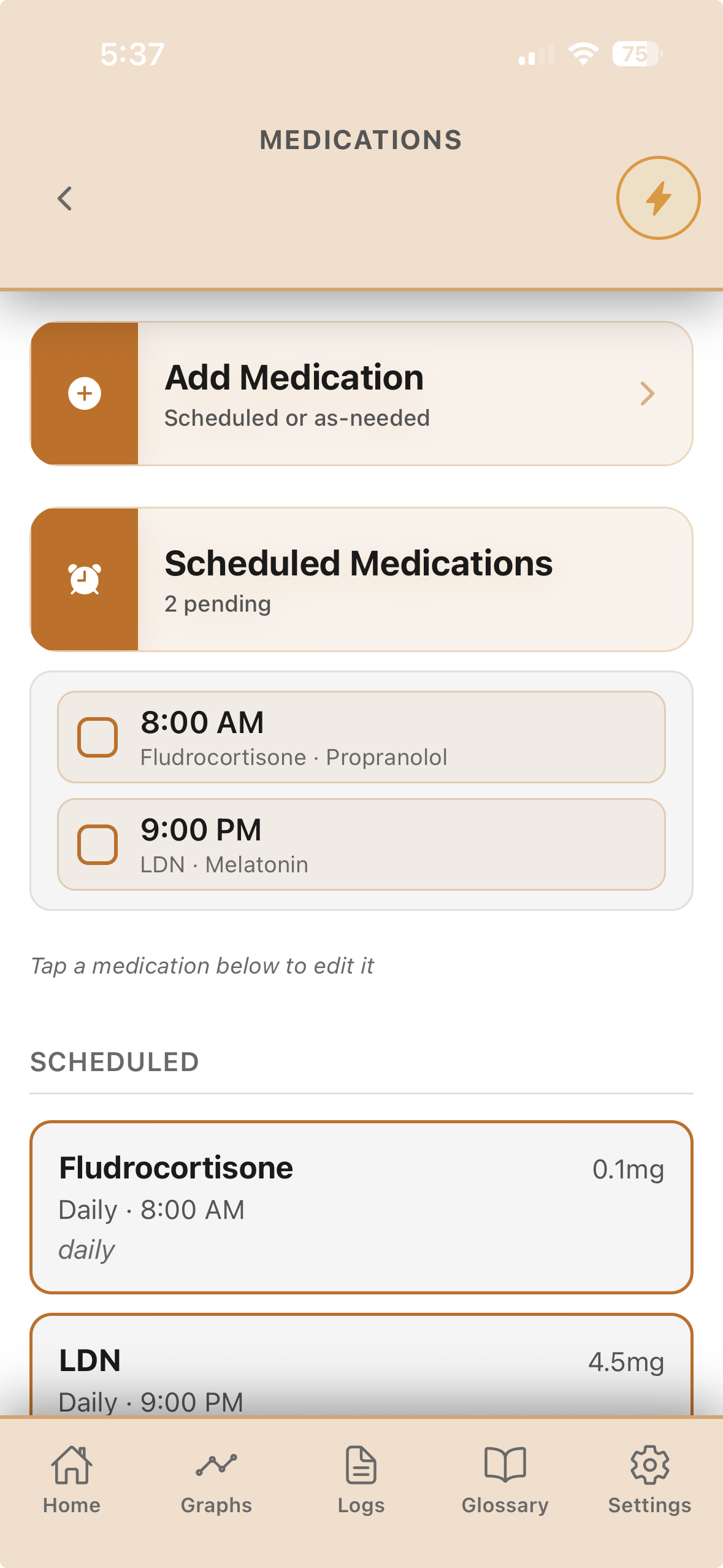 Medications screen with scheduled doses and pending times.