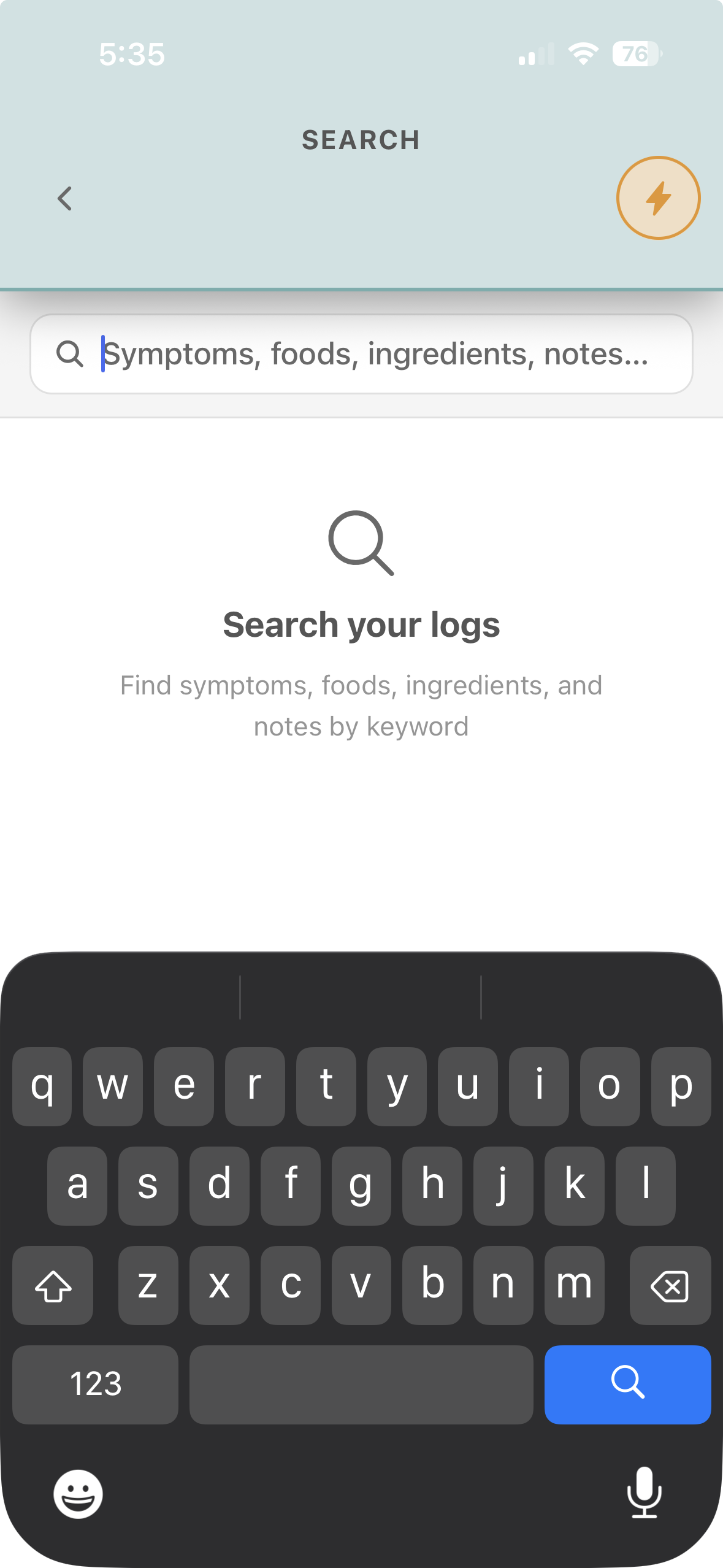 Search screen for finding symptoms, foods, ingredients, and notes by keyword.