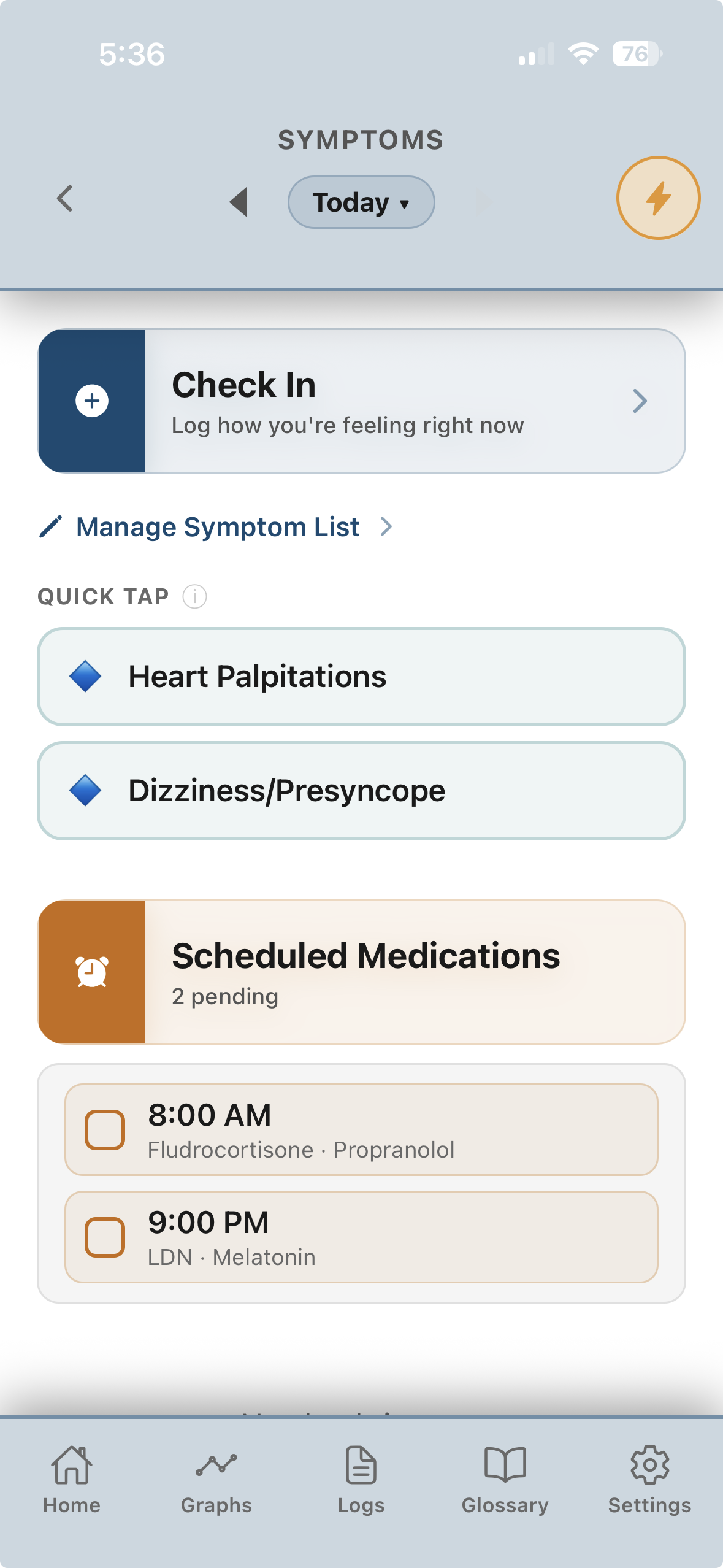 Symptoms screen with Quick Tap shortcuts and scheduled medications.