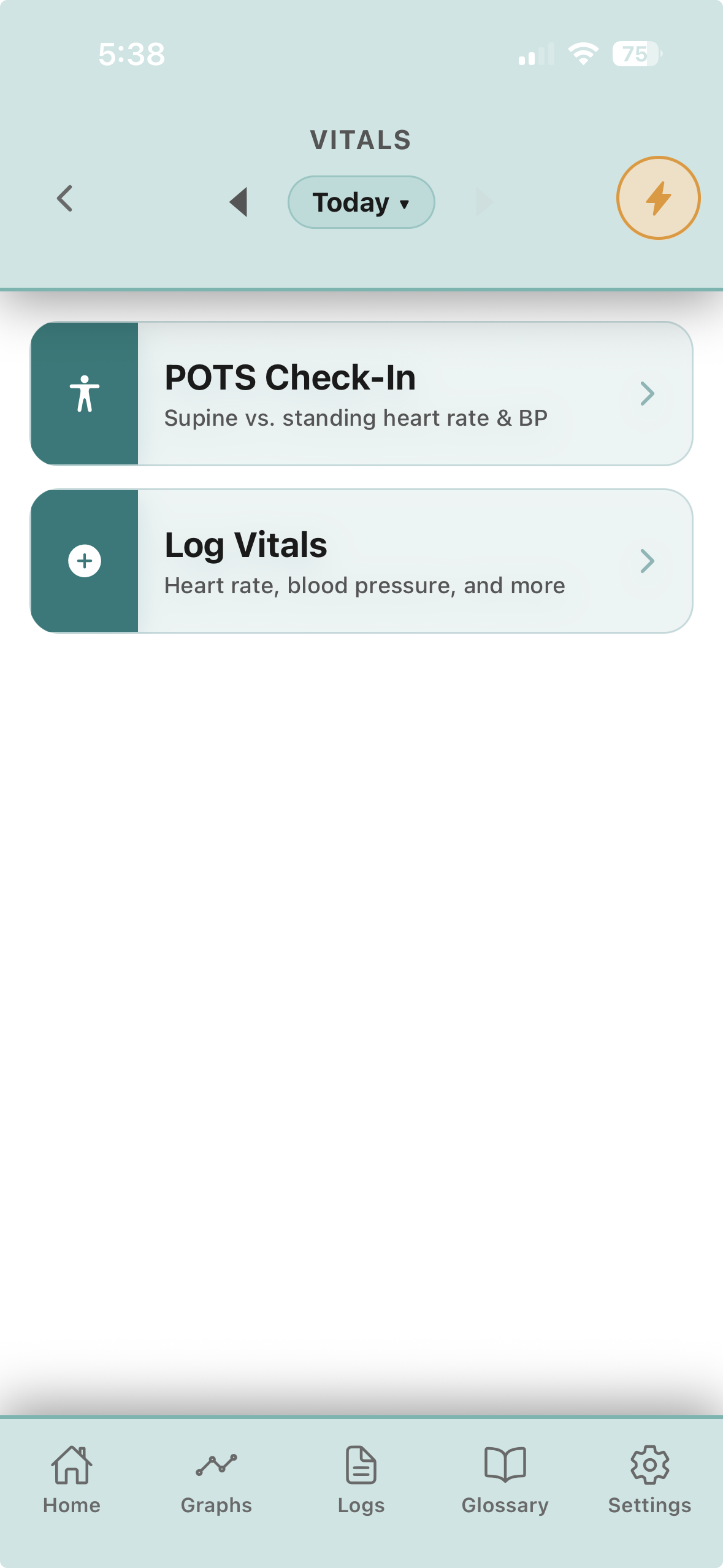 Vitals screen with a POTS Check-In for supine versus standing heart rate and blood pressure.